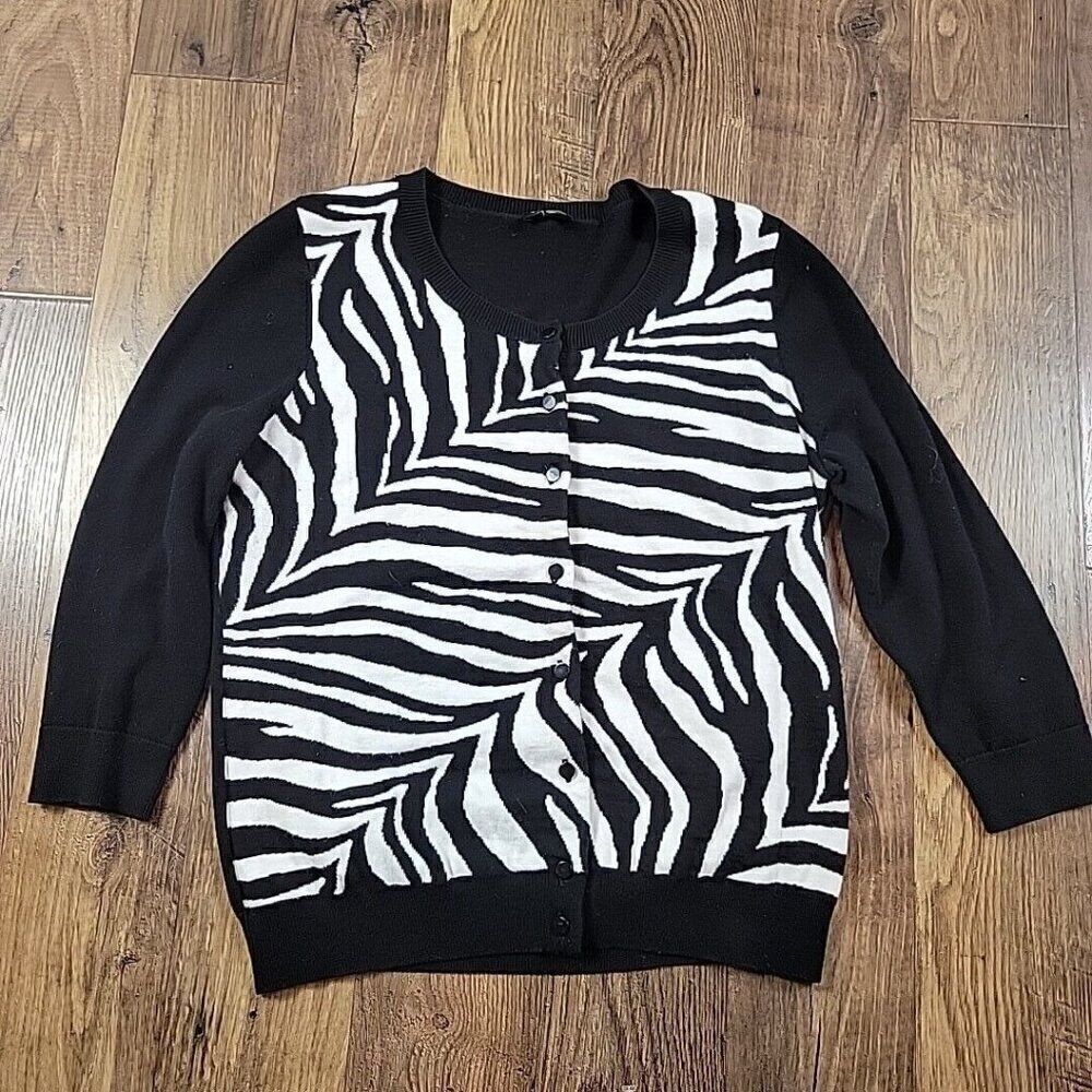 Talbots Cardigan Sweater Womens Lp Petite Black Button Up Zebra 3/4 Sleeve